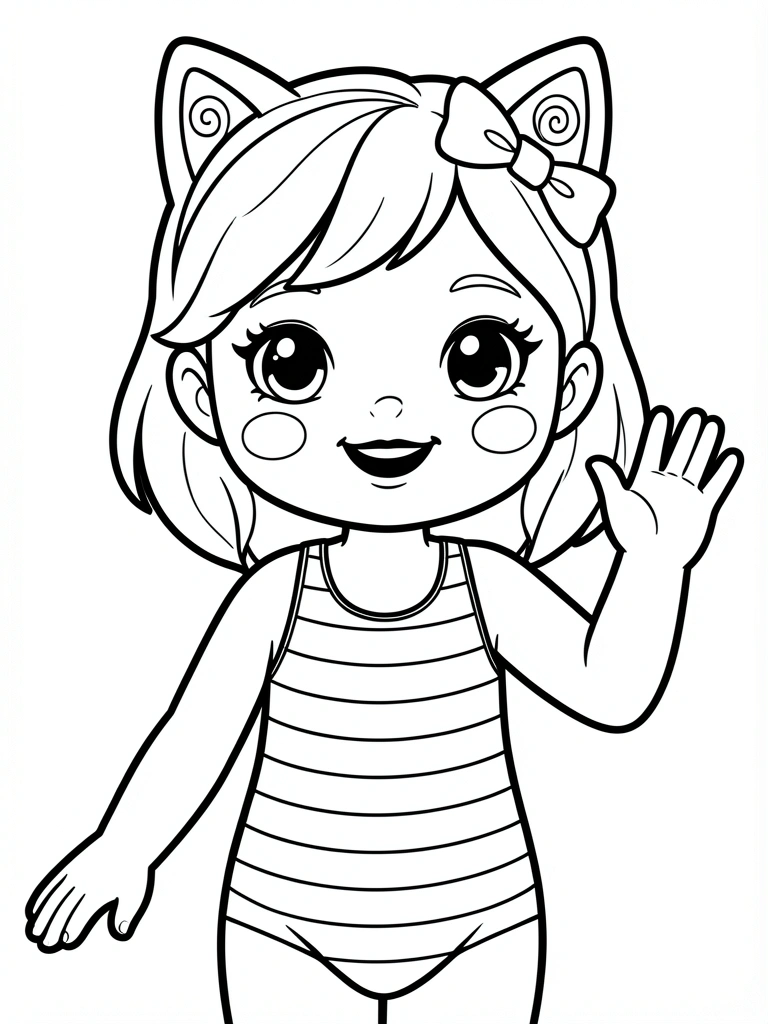 Desenho em preto e branco de boneca com orelhas de gato, maiô listrado e mão acenando, traços limpos sem sombreamento.