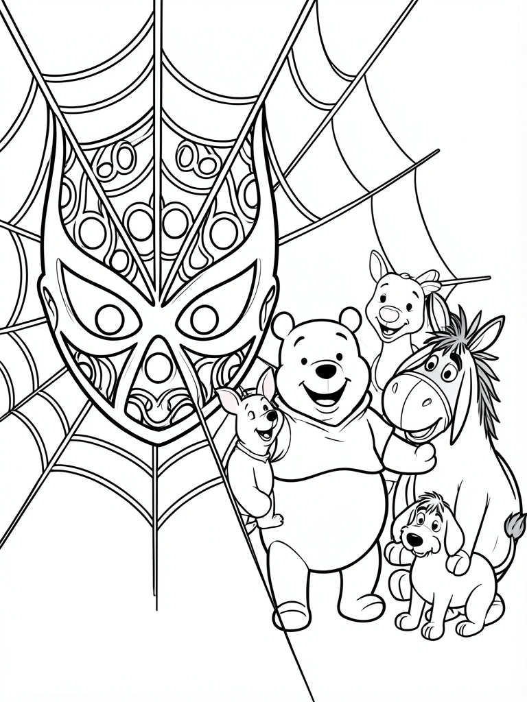 Máscara de aranha com teias e oito olhos, à direita Ursinho Pooh, Leitão e Ió com um cão, traços pretos em fundo branco.