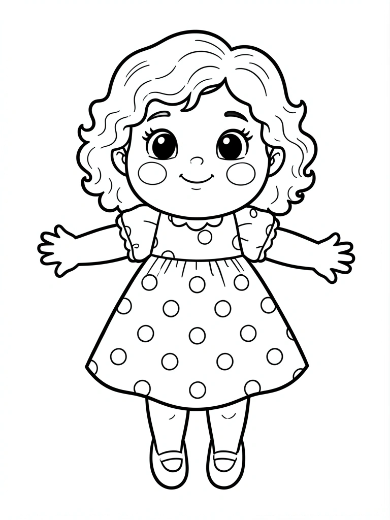 Menina de vestido rosa com bolinhas brancas, cabelo cacheado, braços abertos flutuando, linhas pretas nítidas, fundo branco puro.