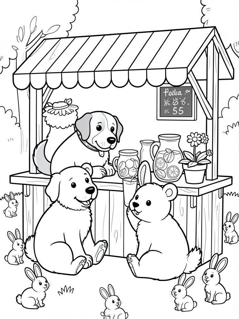 Cão labrador e urso branco sentados em uma barraca de madeira com toldo listrado, coelho no balcão, jarra de limões e jarra de limonada, fundo branco puro.