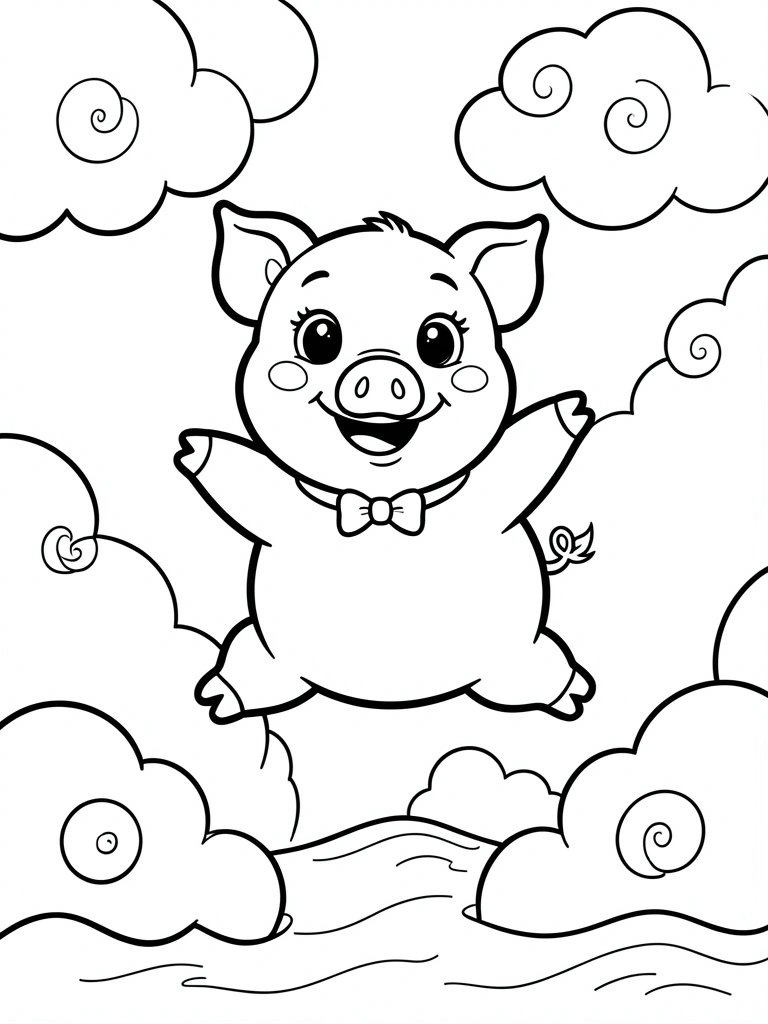 Porquinho cartoon saltando entre nuvens, com laço e expressão feliz, traço preto e branco para colorir, fundo branco puro.
