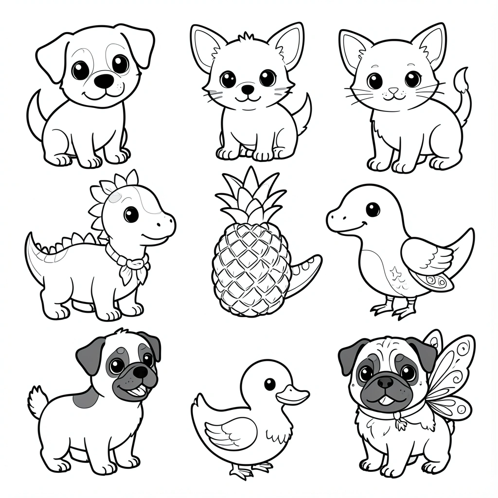 Cachorro, chihuahua, gato, dinossauro, abacaxi, pássaro, pato, pug e fada em estilo de arte linear preto e branco, fundo branco puro, grade de animais.