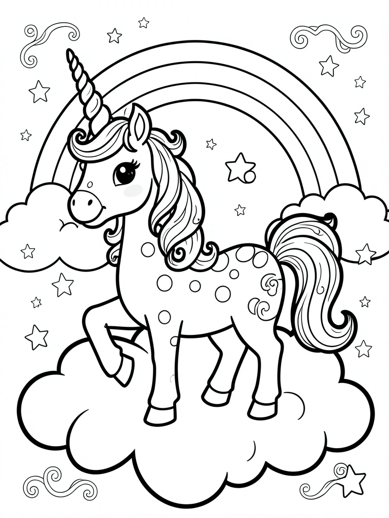 Unicórnio em preto e branco com chifre espiral, crina com redemoinhos, estrelas e arco-íris em nuvem fofa.