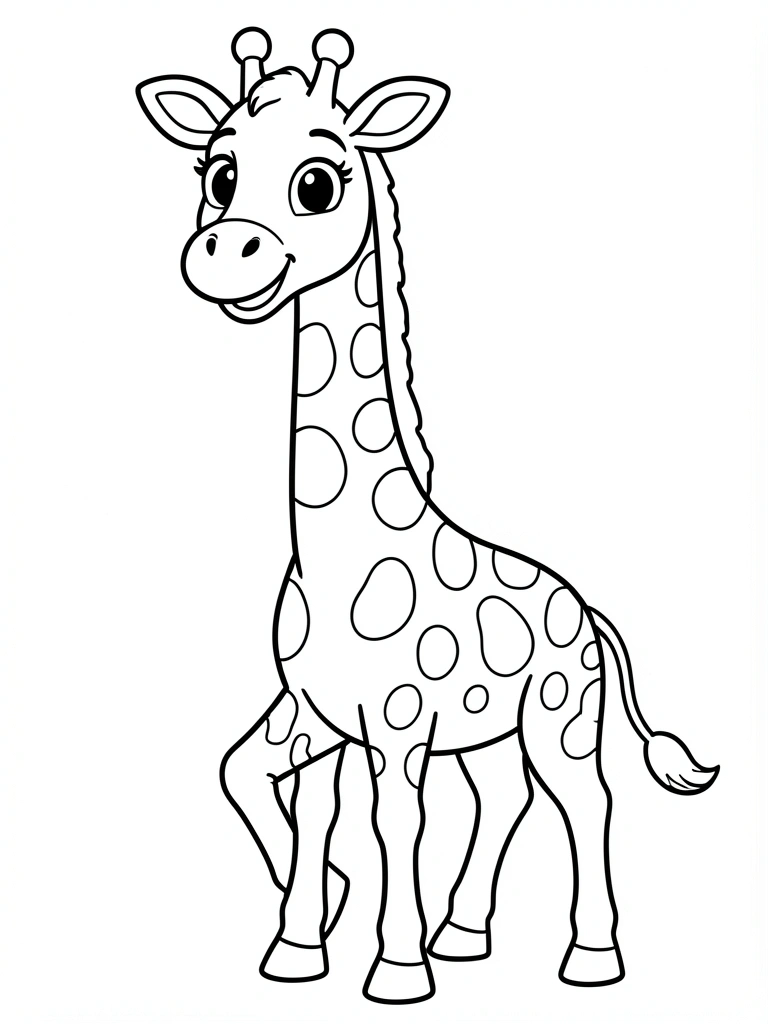 Girafa de traço preto sobre fundo branco, olhos grandes e sorriso, manchas no pescoço e pernas, patas dianteiras levemente flexionadas.