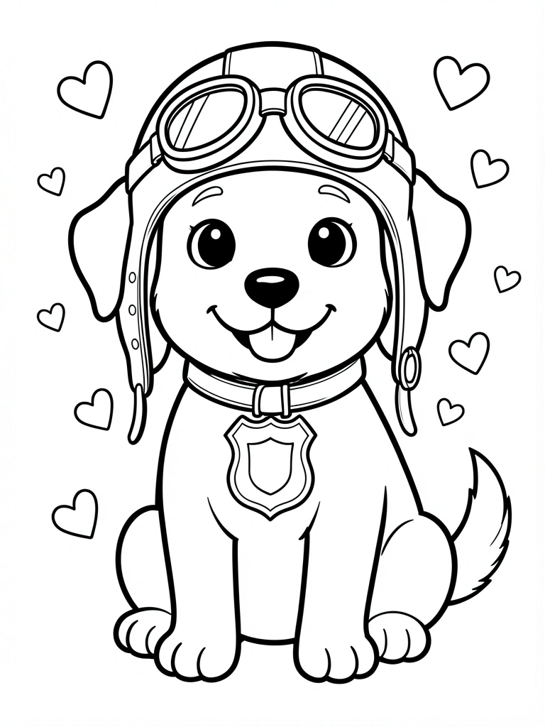 Cachorro sorridente de desenho animado com capacete de piloto, óculos e distintivo policial no peito, fundo branco puro, traços pretos grossos.