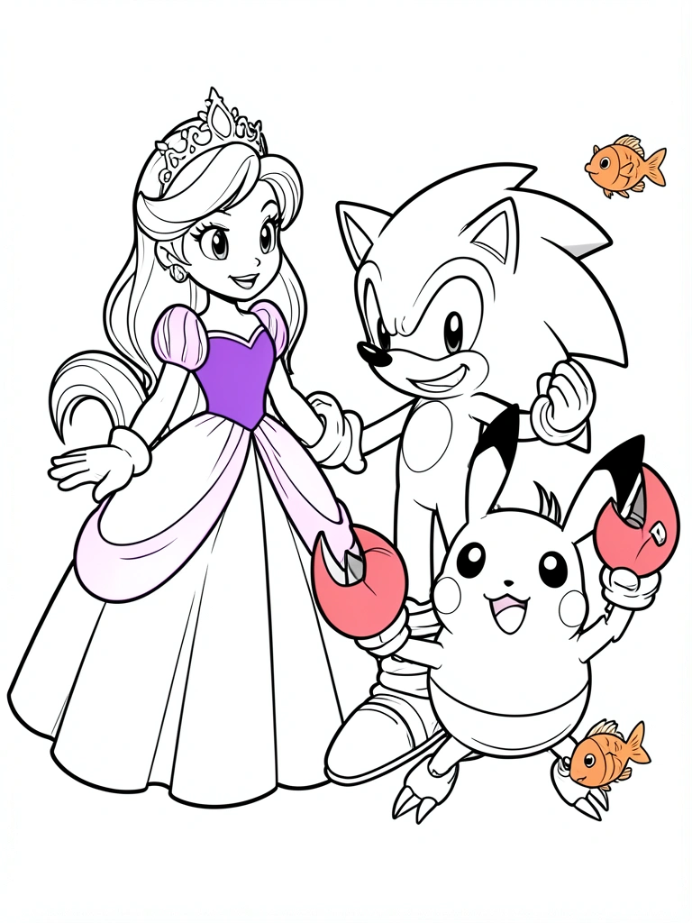 Desenho em preto e branco de princesa Sofia, Sonic, Pikachu, caranguejo e peixe, todos em pose dinâmica, fundo branco puro.