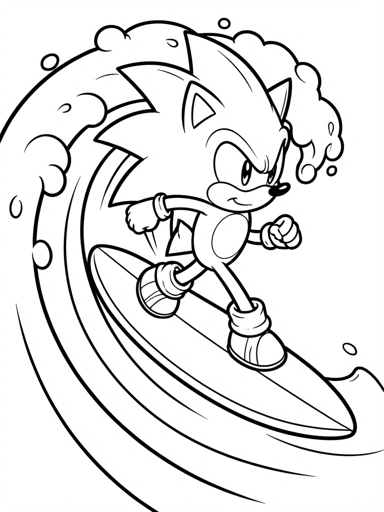 Desenho em preto e branco, estilo coloring book, de Sonic correndo em uma prancha sobre uma onda estilizada com linhas curvas.