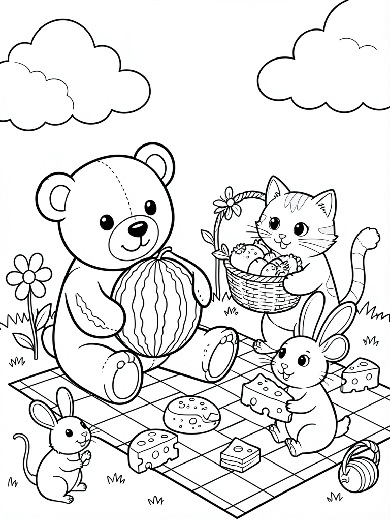 Urso de pelúcia segurando melancia, gato com cesta de comida, rato com queijo e coelho em cobertor xadrez sob nuvens, linha preta sobre branco.