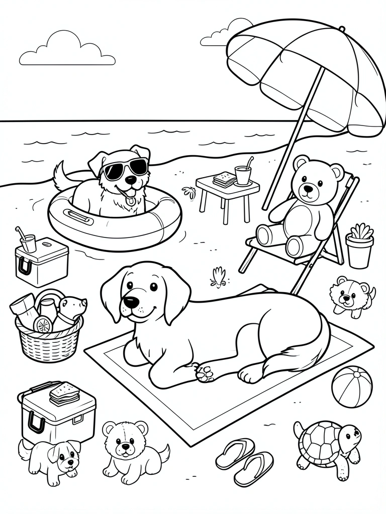 Página de colorir preto e branco: cão de óculos escuros em boia inflável, outro cão na toalha, urso na cadeira de praia, cesta de brinquedos, guarda-sol, bola, chinelos e tartaruga.