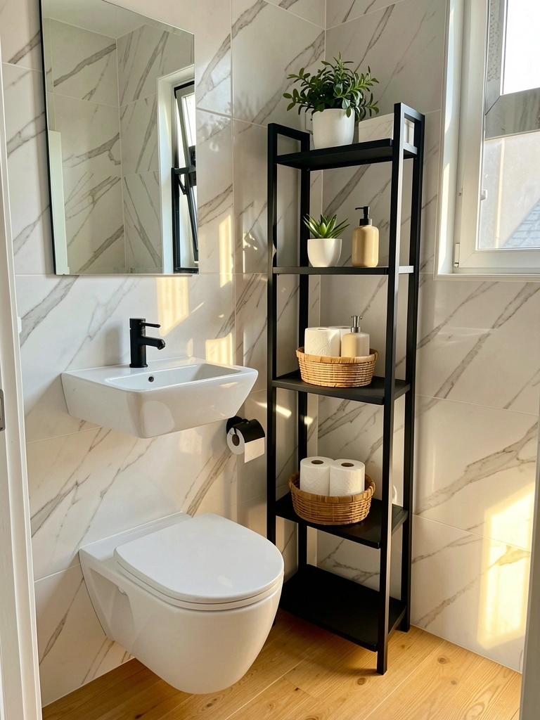 Banheiro com vaso sanitário suspenso branco, pia com torneira preta e prateleira metálica preta com cesto de palha, saboneteira e vaso de planta, luz natural entrando pela janela.