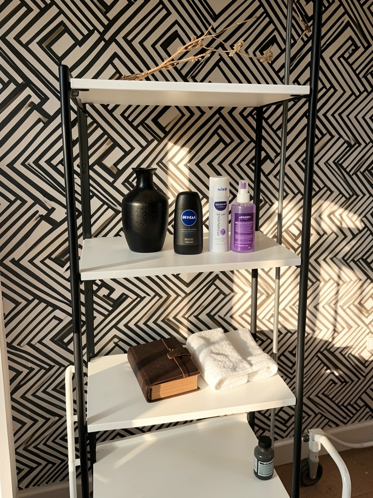 Prateleira branca de quatro níveis com moldura preta contra parede geométrica preta e branca, com galho seco, frasco preto, desodorante Nivea e spray roxo, além de livro marrom e toalha dobrada.