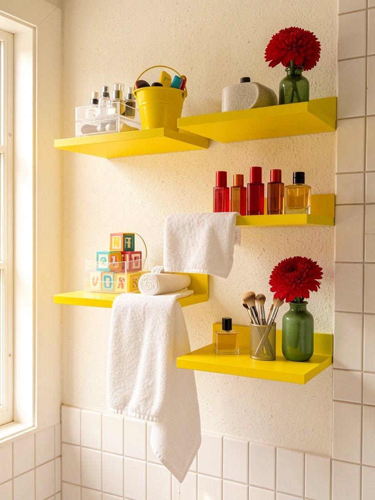 Prateleiras amarelas com organizador acrílico, balde de blocos coloridos e frasco vermelho sobre azulejos brancos, luz natural.