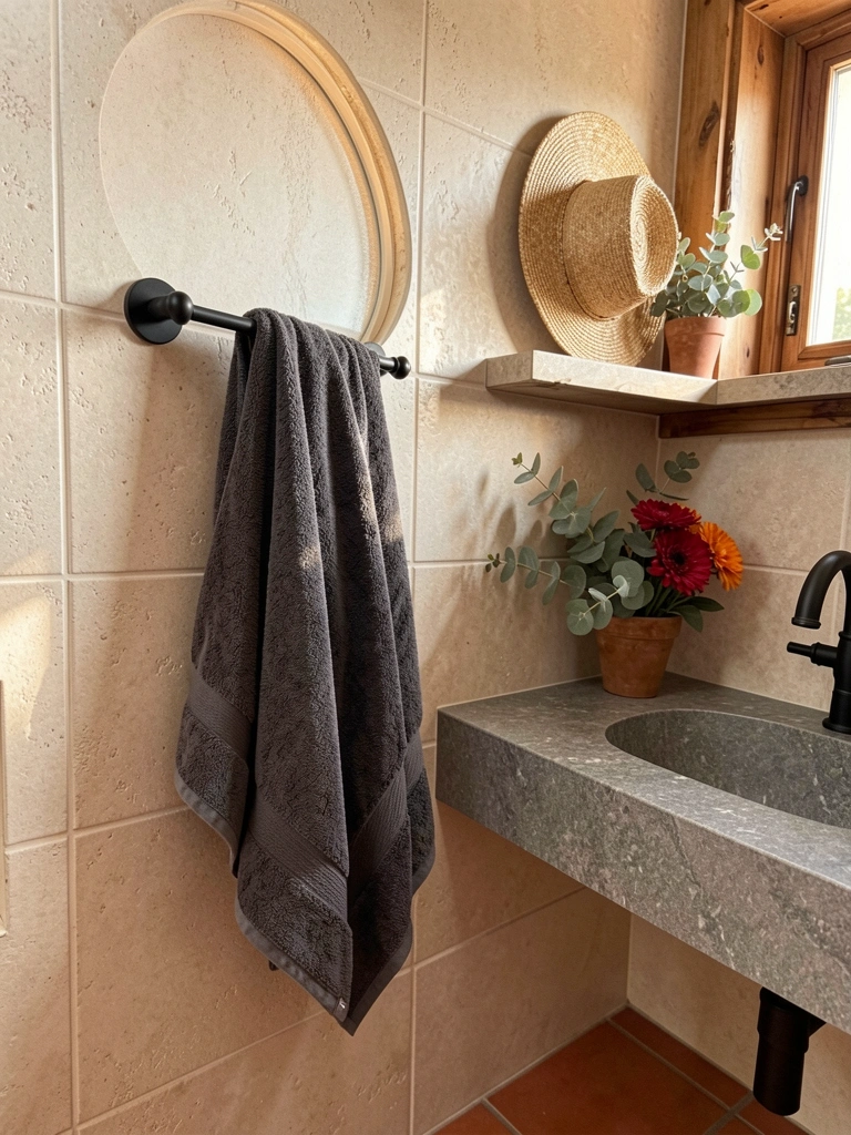 Toalha cinza escura pendurada em barra preta, parede de azulejos bege, janela em arco com luz natural, prateleira com chapéu de palha, vaso de eucalipto e flores vermelhas e laranja, piso terracota.