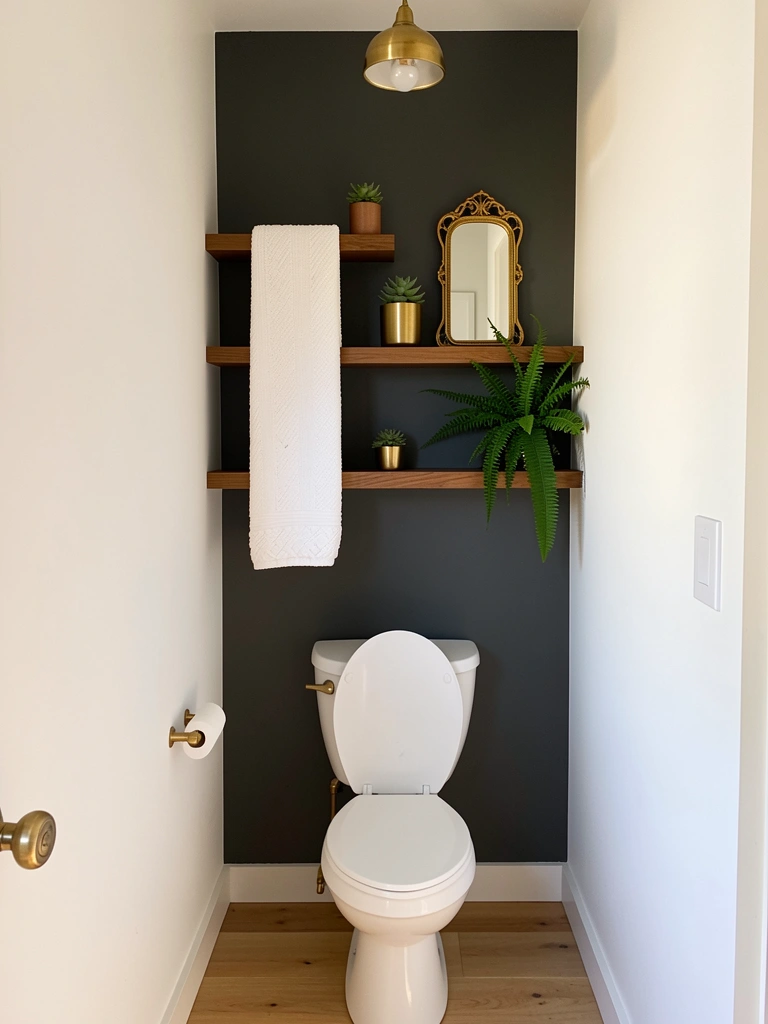 Vaso sanitário branco com torneira dourada, prateleiras de madeira com suculenta em vaso dourado e samambaia verde, luz natural.