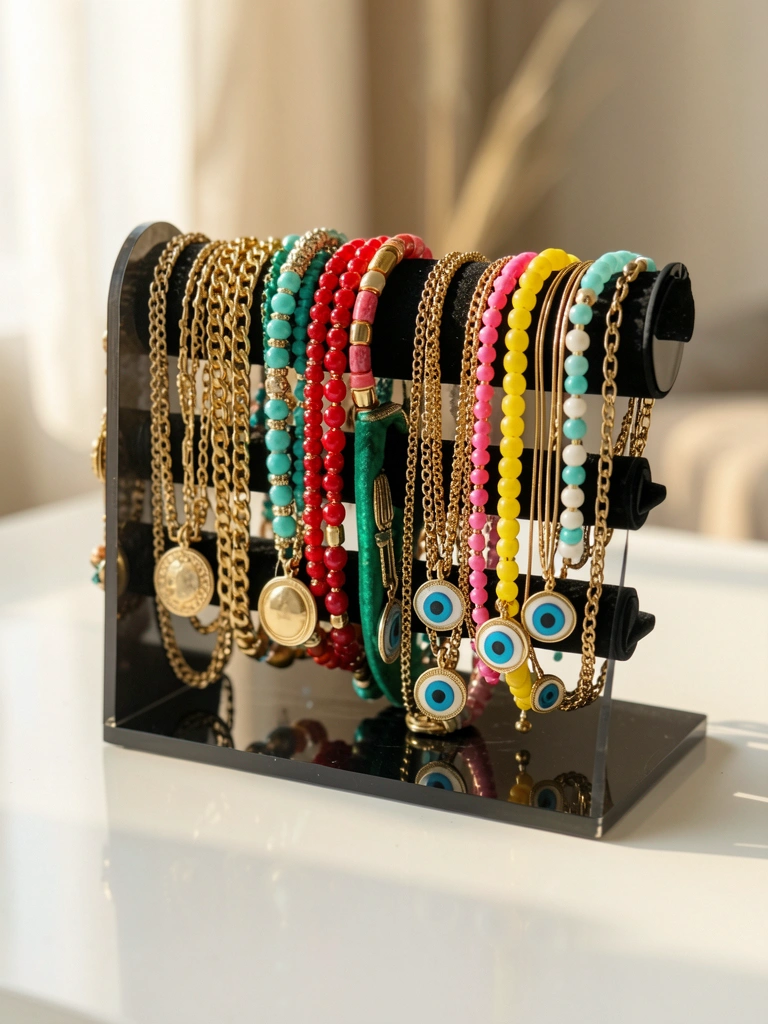 Suporte acrílico preto com colares e pulseiras douradas, miçangas e pingentes de olho azul, luz natural e fundo desfocado.
