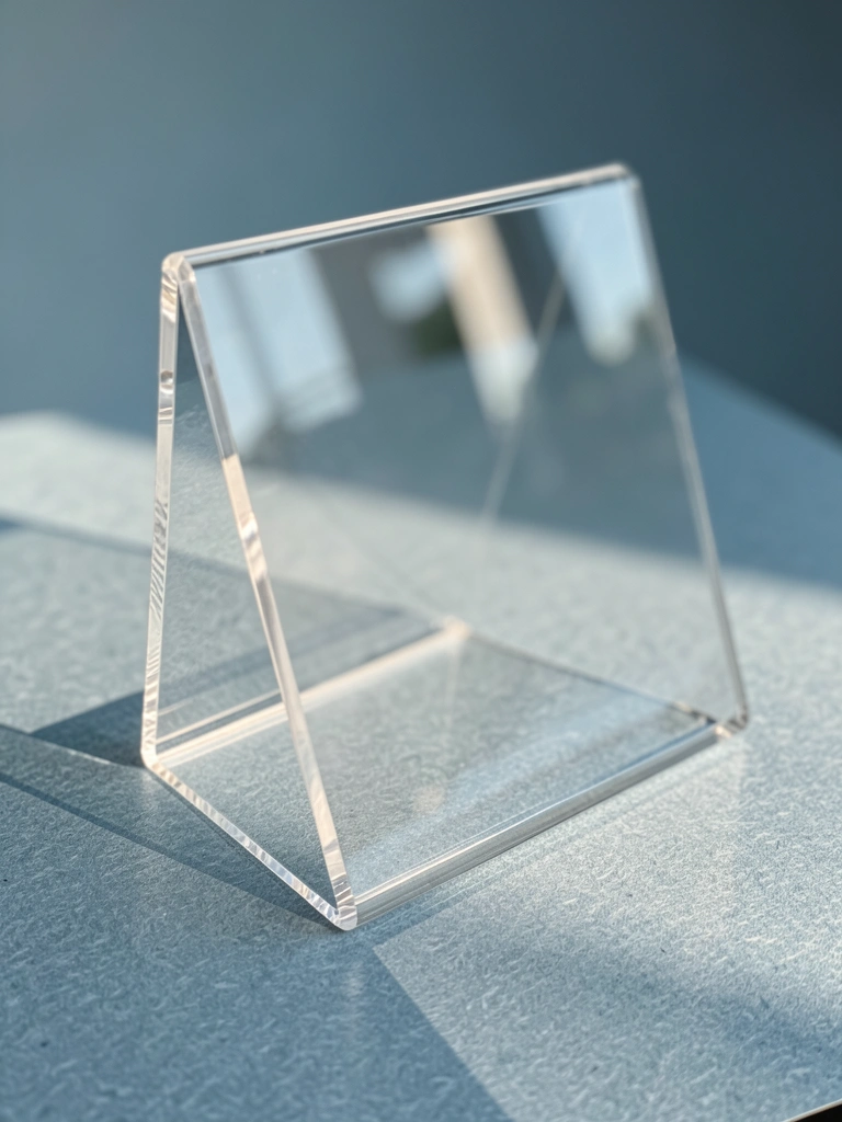 Suporte acrílico transparente com base inclinada sobre papel texturizado azul-acinzentado, luz natural e fundo desfocado.