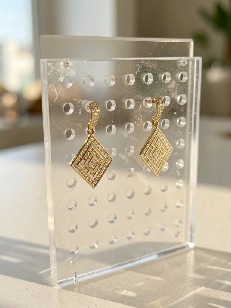 Suporte retangular de acrílico branco com furos, dois brincos dourados de design geométrico com diamantes pendurados, luz natural destacando o brilho do metal e do acrílico.