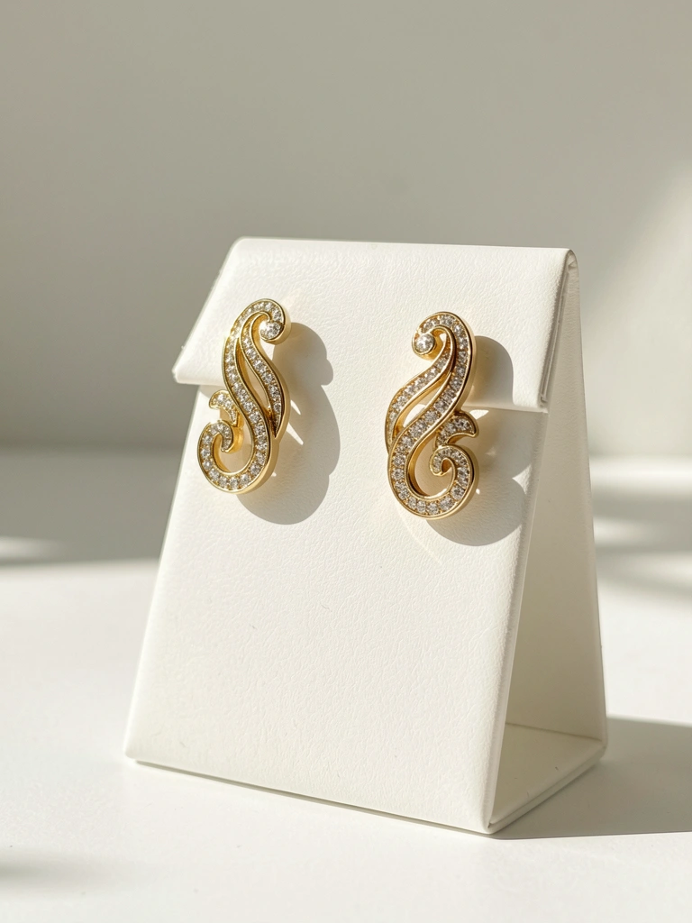Brinco de ouro com detalhes ondulados e pedras brilhantes sobre suporte branco angulado, luz suave e fundo neutro.