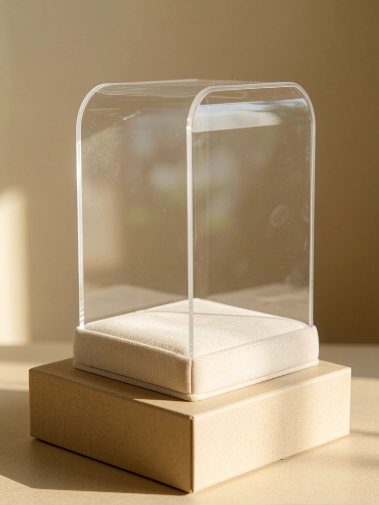 Caixa de acrílico transparente com bordas arredondadas sobre base bege, refletindo luz natural em fundo desfocado.