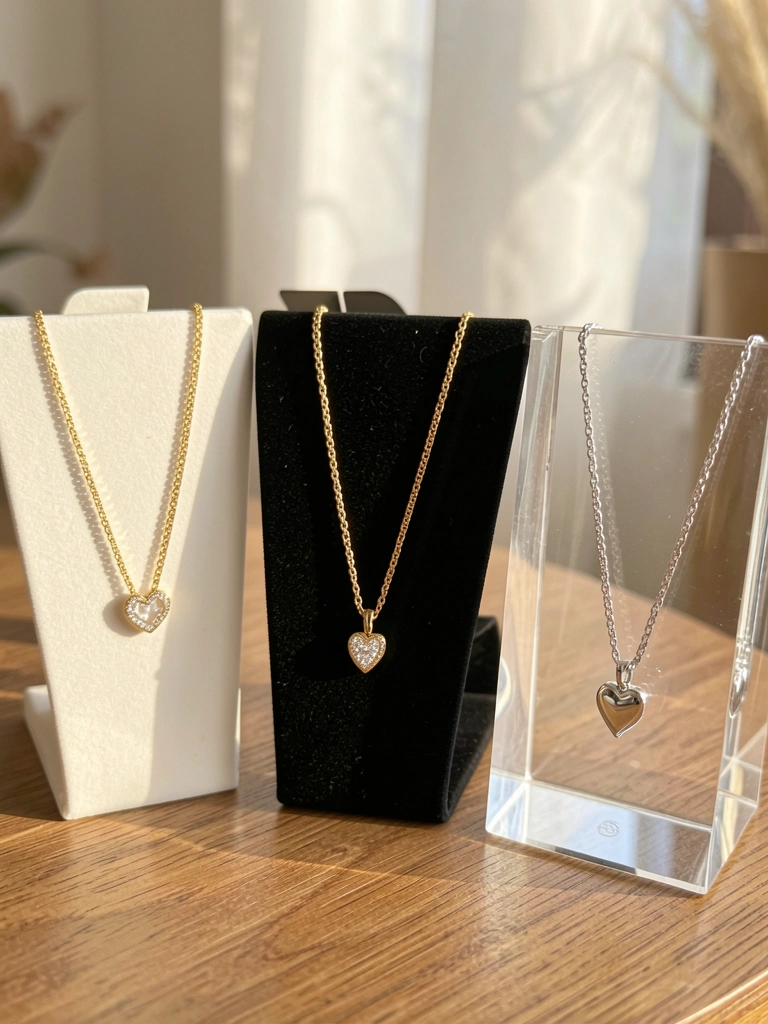 Três suportes de joias (branco, veludo preto e acrílico) com colares de ouro e prata, luz natural suave e reflexos no acrílico.
