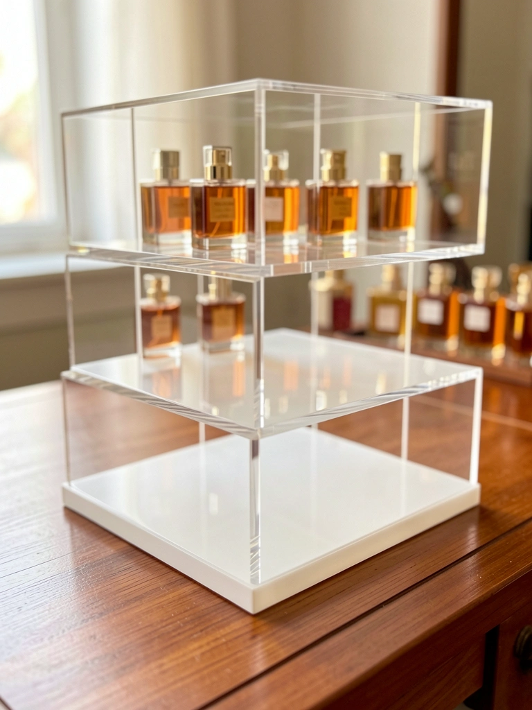 Estante acrílica de três níveis sobre mesa de madeira polida, frascos de perfume âmbar ao fundo, luz natural suave e reflexos brilhantes.