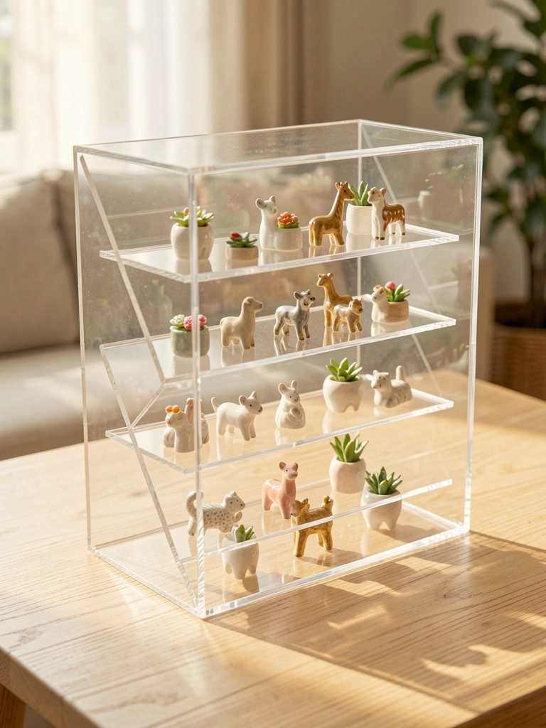 Vitrine acrílica transparente com prateleiras anguladas sobre mesa de madeira clara, miniaturas de animais e plantas de cerâmica, luz natural destacando o brilho do material.