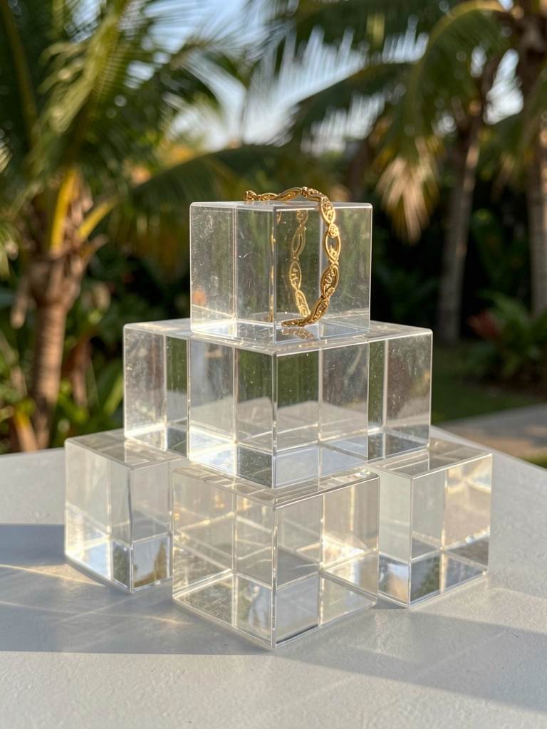 Luz natural incide sobre dez cubos de acrílico transparente empilhados em formação escalonada, com uma pulseira de ouro sobre um dos cubos superiores, sobre superfície cinza clara.