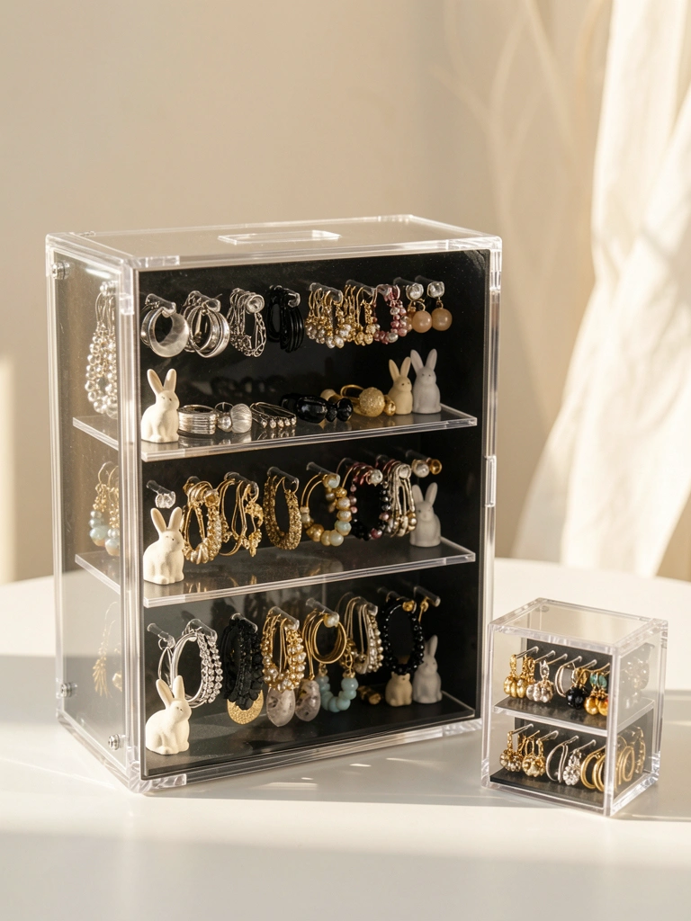 Caixa acrílica transparente com brincos pendurados em prata, preto, dourado e miçangas, coelhos decorativos nas prateleiras, luz natural suave ao fundo.