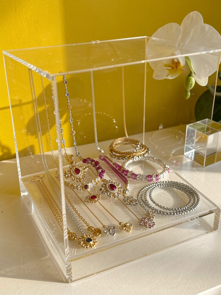 Expositor acrílico transparente com colares dourados, prateados e de pedras coloridas e pulseiras finas, parede amarela vibrante ao fundo, orquídea branca e cubo refletivo.