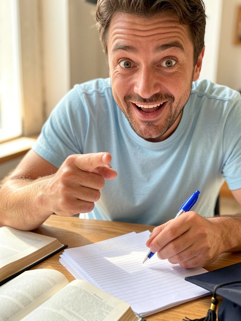 Homem sorrindo com expressão surpresa, camisa azul clara, apontando com caneta azul sobre pilha de papel pautado, livros abertos e capelo de formatura sobre superfície de madeira, luz natural.