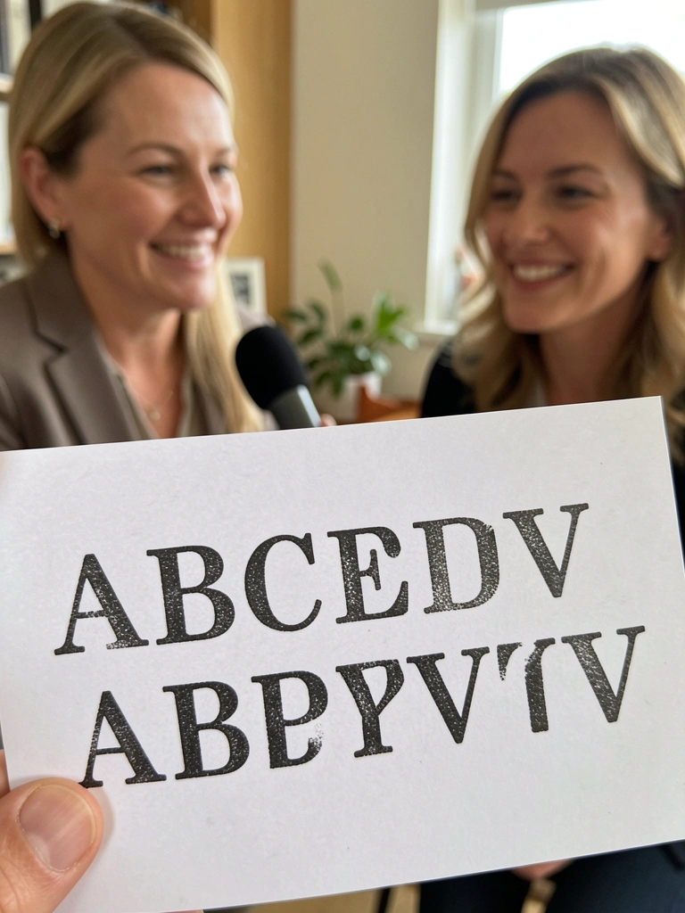 Letras de uma fonte tipográfica ao lado de um repórter com microfone entrevistando uma pessoa
