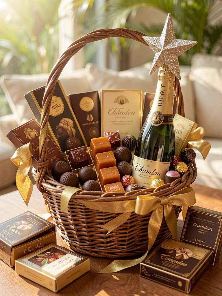 Cesta de vime marrom com chocolates gourmet, trufas, bombons e garrafa de Chandon, laço dourado e estrela decorativa, luz natural quente, fundo desfocado.