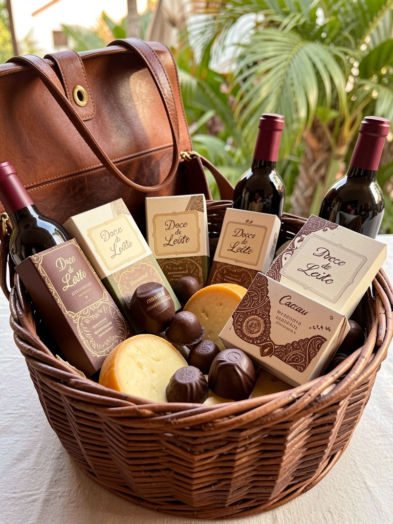 Cesta de palha marrom com chocolates, queijos artesanais e garrafas de vinho tinto; luz natural destaca rótulos 