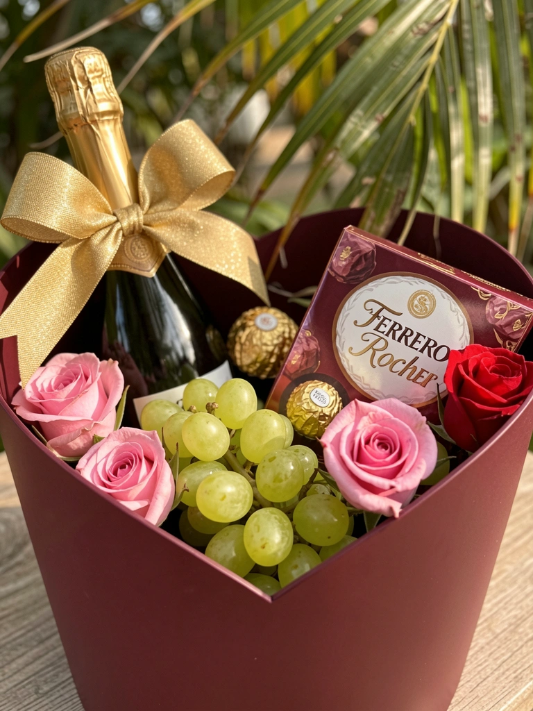 Cesta vinho com champagne, Ferrero Rocher, uvas verdes e rosas cor-de-rosa sob luz natural suave.