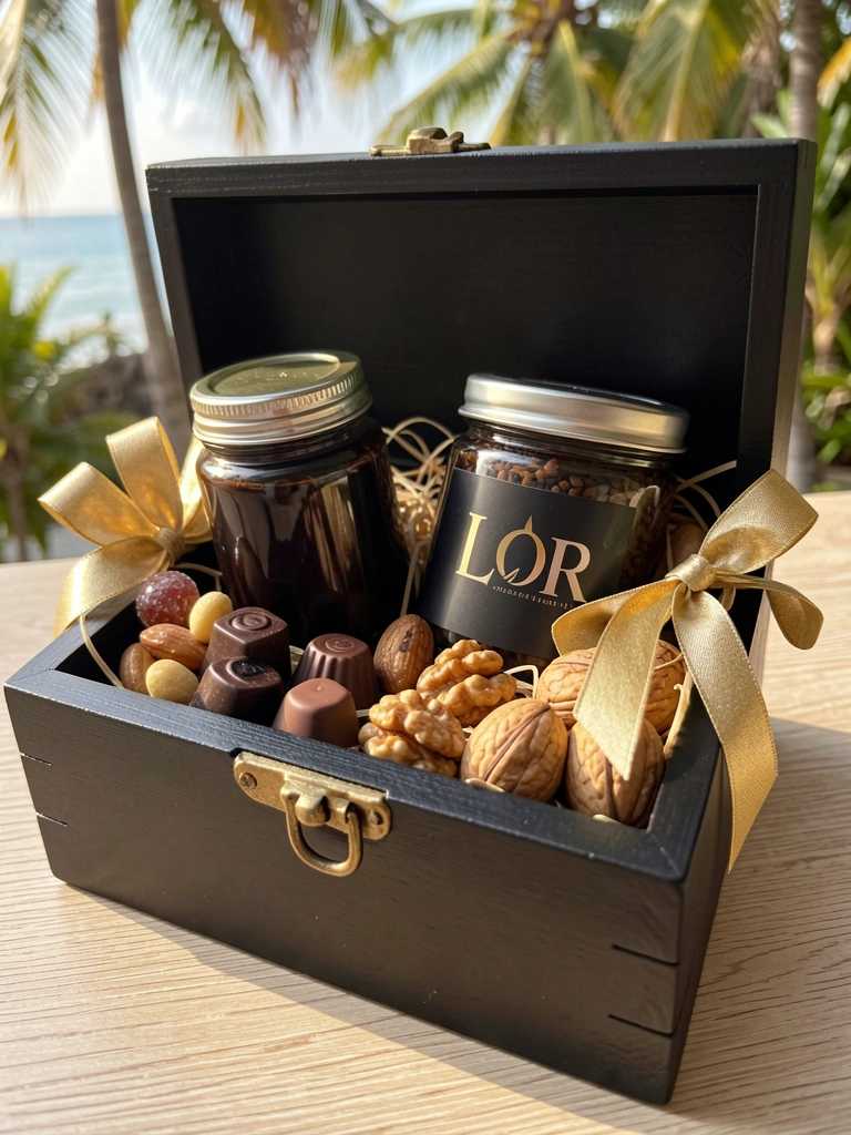 Cesta de presente de madeira preta com chocolates gourmet, nozes e pote de café Lor, laço dourado, luz natural tropical.