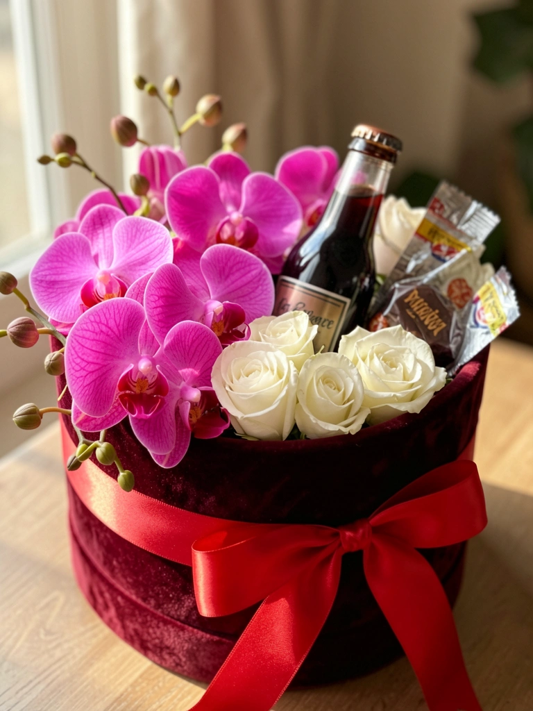 Caixa de veludo vermelho-escuro com orquídeas rosas, rosas brancas, garrafa de refrigerante escura e chocolates, laço de cetim vermelho, luz natural suave.