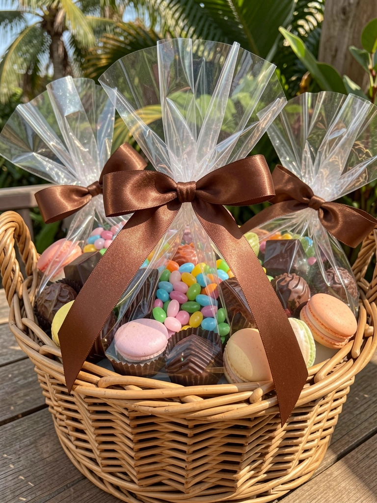 Cesta de vime com chocolates gourmet, macarons e jujubas coloridas em celofane brilhante e laço de cetim marrom, luz natural tropical.