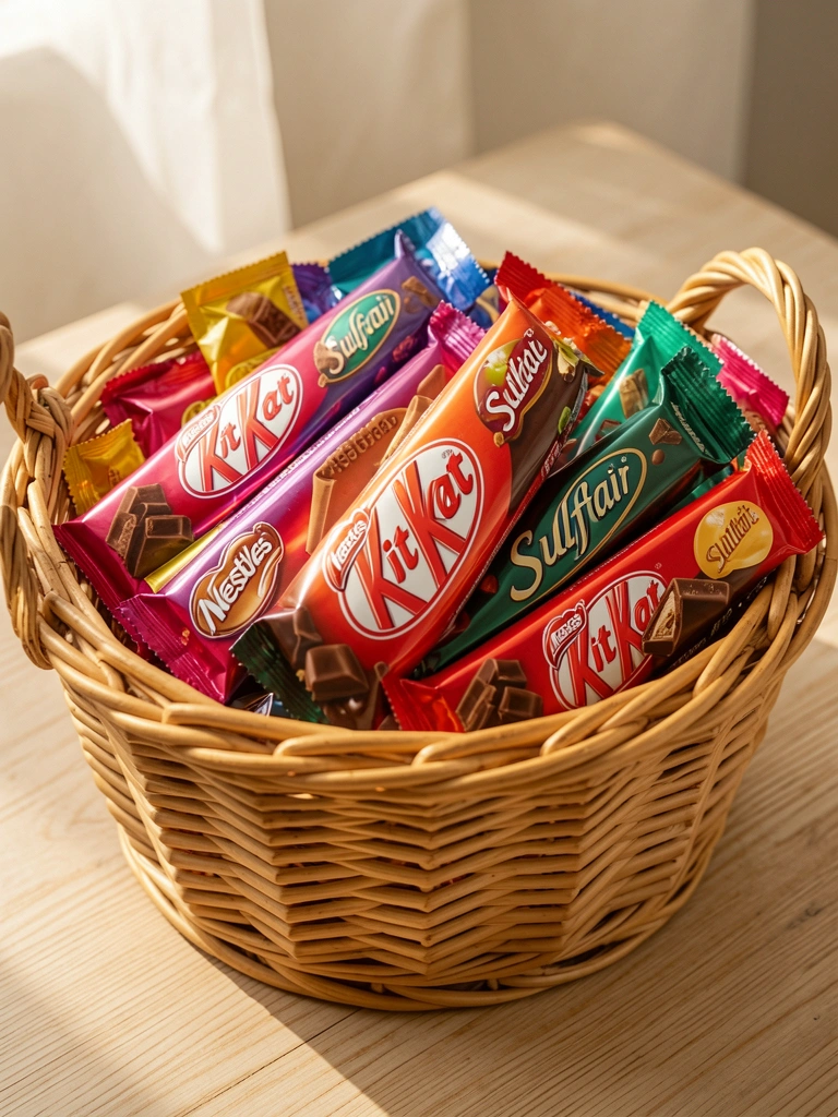 Cesto de vime com barras de chocolate Kit Kat e Sulflair, envoltas em papel brilhante, sobre mesa de madeira clara sob luz natural.