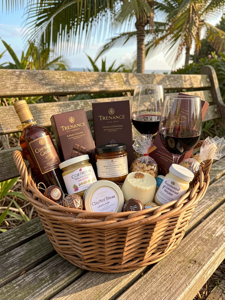 Cesta de vime rústica com garrafa de chocolate, mel e fudge sobre banco de madeira desgastado em luz natural.