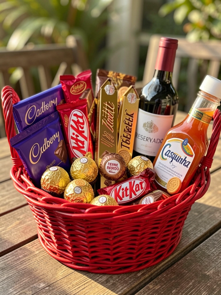 Cesta de vime vermelha com chocolates Cadbury, Ferrero Rocher, Toblerone, Kit Kat, Nestlé, garrafa de vinho Reservaado e xarope Casquinha, mesa rústica de madeira, luz natural de dia ensolarado.