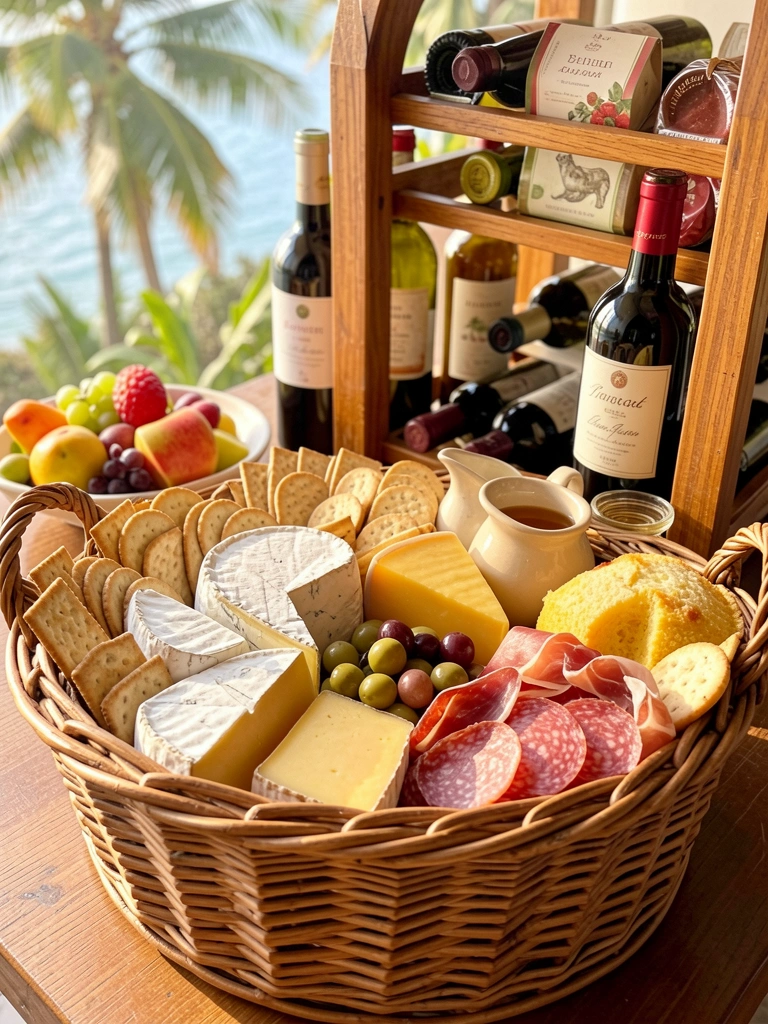 Cesta de vime com queijos brie e cheddar, presunto cru, salame, crackers, azeitonas, uvas e bolo de limão, garrafas de vinho em suporte de madeira ao fundo, luz natural.
