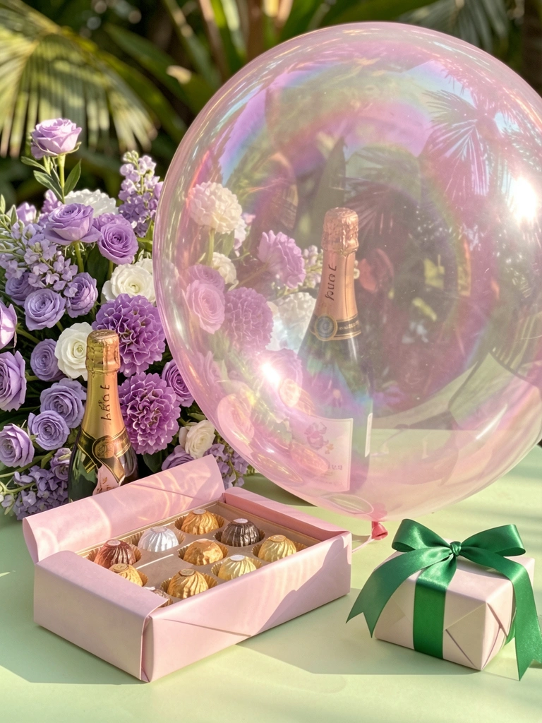 Balão iridescente rosa e prata sobre buquê de flores roxas e brancas, garrafa de espumante, caixa de chocolates e presente com laço verde, sobre superfície verde-clara, luz natural suave.