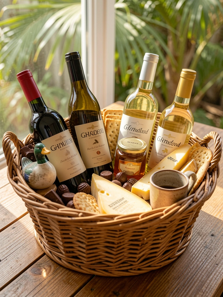 Cesta de vime rústica com garrafas de vinho tinto e branco, chocolates artesanais, queijo Gouda e biscoitos sobre mesa de madeira, luz natural filtrada.