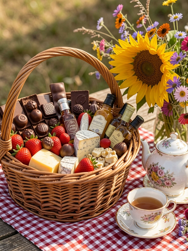 Cesta de vime com chocolates, queijos, morangos e miniaturas em toalha xadrez, bule de porcelana, girassol e flores silvestres, mesa rústica de madeira, luz natural.