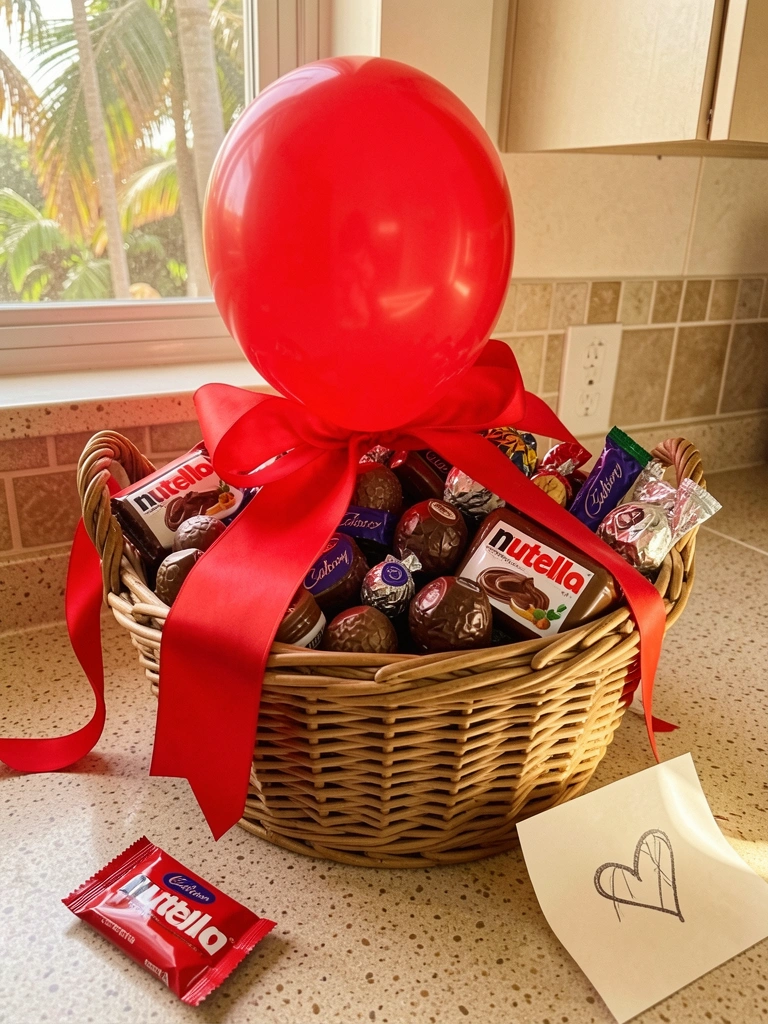 Cesta de vime com chocolates Nutella e Cadbury, laço vermelho e balão, sobre bancada bege salpicada, luz natural suave.