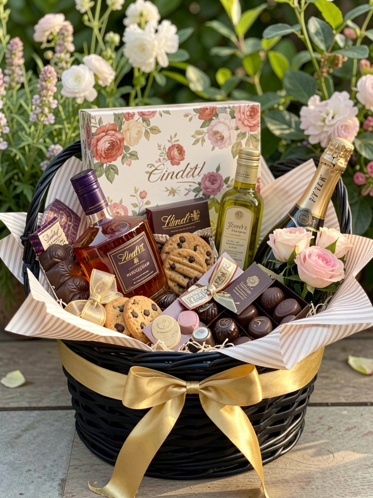 Cesta preta com papel listrado e laço dourado, repleta de caixa floral, garrafa de champanhe, chocolates Lindt, biscoitos, azeite e buquê de rosas, sob luz natural suave com fundo verde.