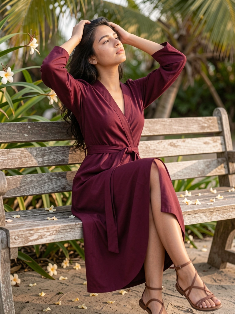 Mulher de vestido vinho e sandálias de tiras sentada em banco de madeira rústico, mão nos cabelos, luz natural suave e pétalas ao fundo.