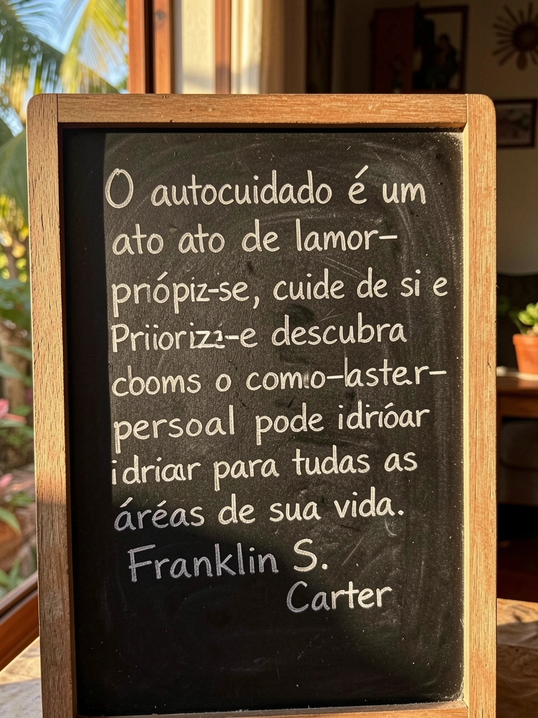 Quadro negro texturizado com frase em giz sobre autocuidado, iluminado por luz natural que projeta sombras suaves, fundo desfocado com janela.