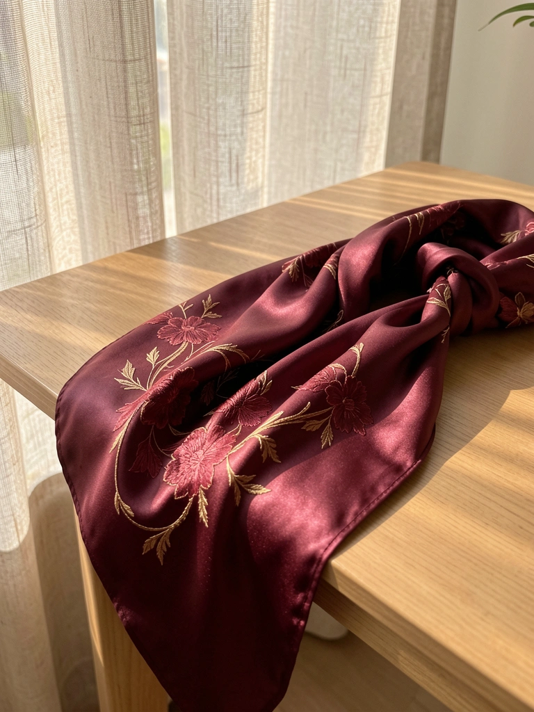 Luxuoso lenço de seda bordô com bordados florais e detalhes dourados sobre mesa de madeira clara, luz natural difusa ao fundo.