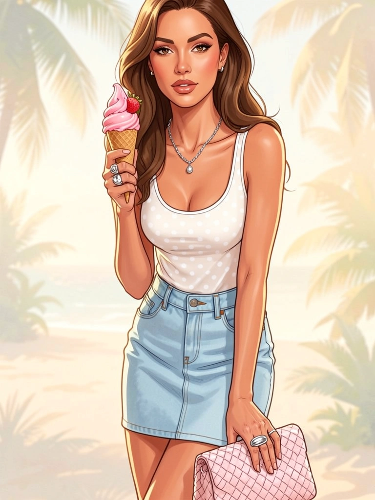 Mulher de saia jeans e top branco com bolinhas segurando casquinha de sorvete rosa, fundo tropical desfocado e bolsa de palha clara aos pés.